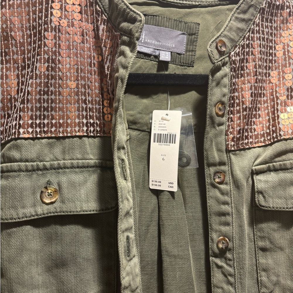 NWT Anthropologie Army Green Cotton Blend Shirt Jacket with Copper Sequins - Picture 2 of 2